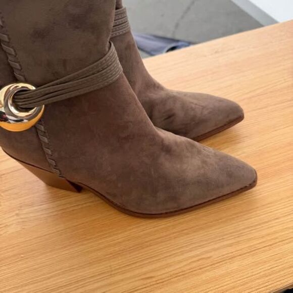 Taupe Suede Boots w Gold Buckle Detail - Picture 5 of 5